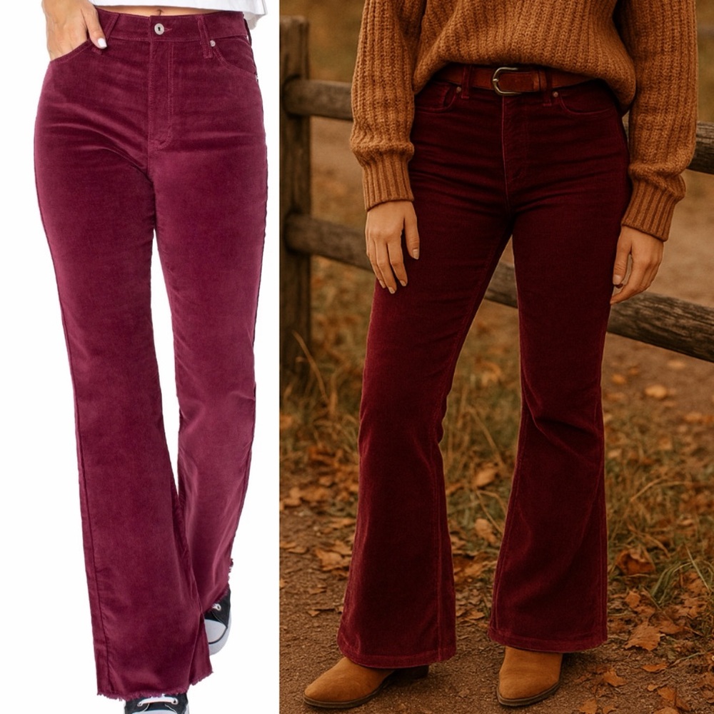 Celebrity Pink Maroon Burgundy Red Corduroy High Waisted Flares Pants Size 27